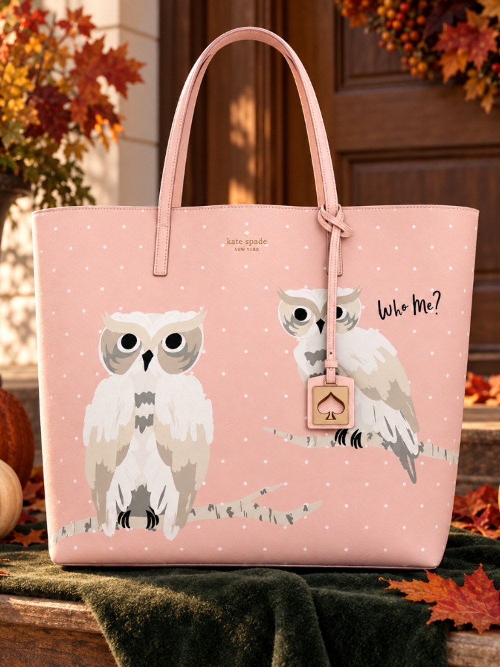 Retired Kate Spade New York “Who Me?” owl tote with Care Card.